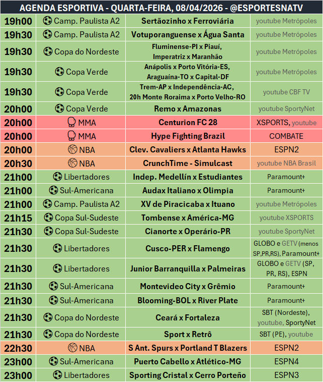 A agenda esportiva desta QUARTA-FEIRA (08/04/2026)