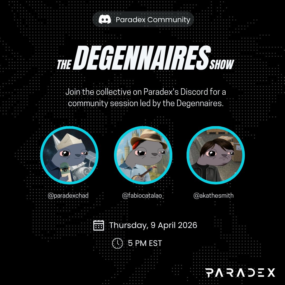 The Degennaires Show starts with its first episode on the @Paradex Discord this Thursday @ 5PM EST

gDIME
discord.com/events/1107916…