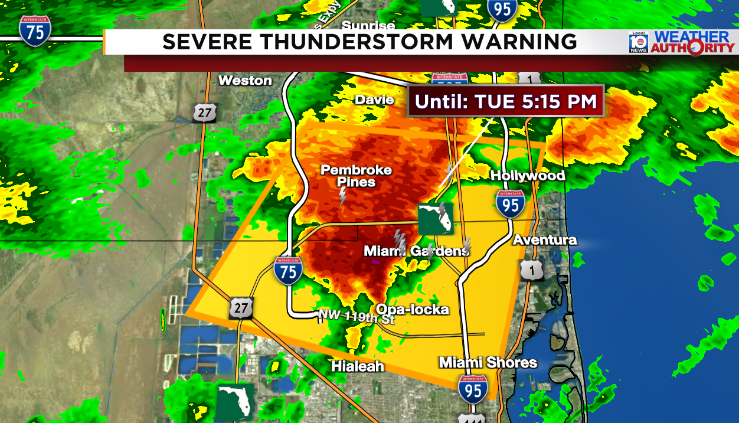BrandonOrrWPLG's tweet photo. A severe thunderstorm capable of producing 60mph winds and quarter size hail is moving through Miami Gardens, Opa-Locka, North Miami Beach, and Aventura through 5:15pm. Parts of Broward County around Hollywood, Pembroke Park, and Hallandale Beach are also included. https://t.co/8A0lEqP4f1