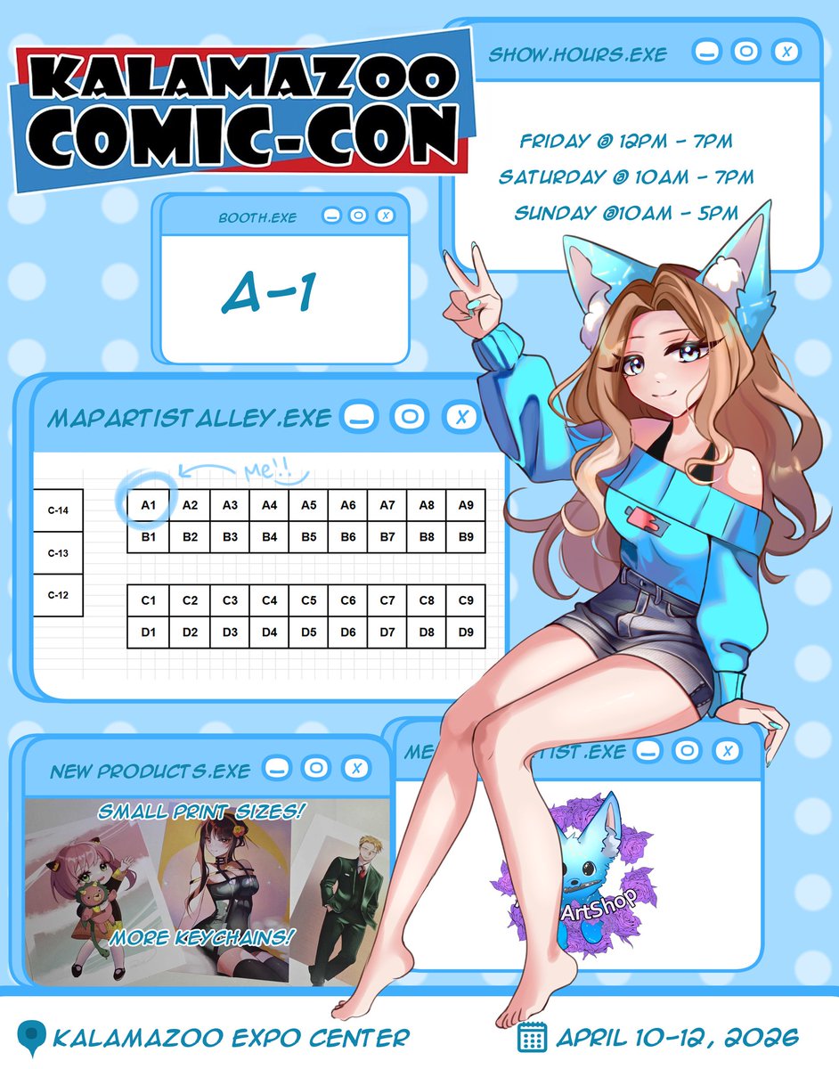 I will be at Kalamazoo Comic Con this year! I am bringing a couple new smaller print sizes with me as well as a couple new prints! Are you meeting the voice talents from Sky x Family?  Well I have a couple prints you could have signed! Come check them out! 🙂 

#anime #animeshop