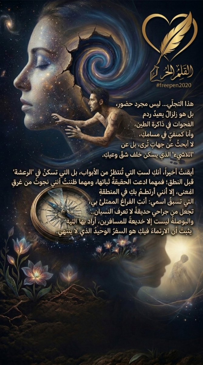 freepen2020's tweet photo. هذا التجلّي...
ليس مجرد حضور، بل هو زلزالٌ يعيدُ ردم الفجوات في ذاكرة الطين،
وأنا كمنفيٍّ في مسامكِ، لا أبحثُ عن جهاتٍ تُرى، بل عن "اللاشيء" الذي يسكنُ خلف شقِّ وعيكِ.

أيقنتُ أخيراً،
أنكِ لستِ التي تُنتظرُ من الأبواب، بل التي تسكنُ في "الرعشة" قبل النطق؛
فمهما ادعت الحقيقةُ ثباتها، ومهما ظننتُ أنني نجوْتُ من غرقِ المعنى،
إلا أنني أرتطمُ بكِ في المنطقةِ التي تسبقُ اسمي:
أنتِ الفراغُ الممتلئُ بي، تجعلُ من جراحي حديقةً لا تعرفُ النسيان..
والبوصلةُ ليست إلا خديعةً للمسافرين، أراد بها التيهُ يثبتُ أن الارتماءَ فيكِ هو السفرُ الوحيدُ الذي لا ينتهي.

القلم الحر
#freepen2020