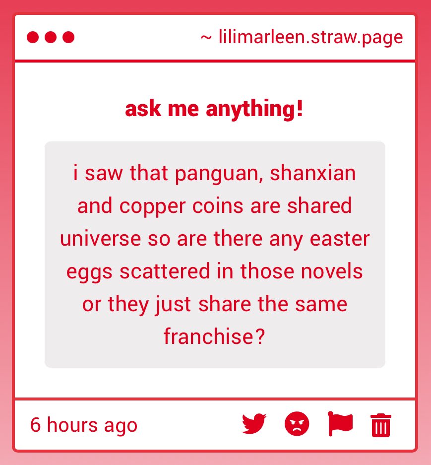 qinanyiyu's tweet image. There's some easter eggs! Written in the order of Copper Coins → Panguan → Shangxian so last one has the most

Nothing that strong of a connection though. It's things like mentions of characters from other novels, so you don't need to read in any particular order