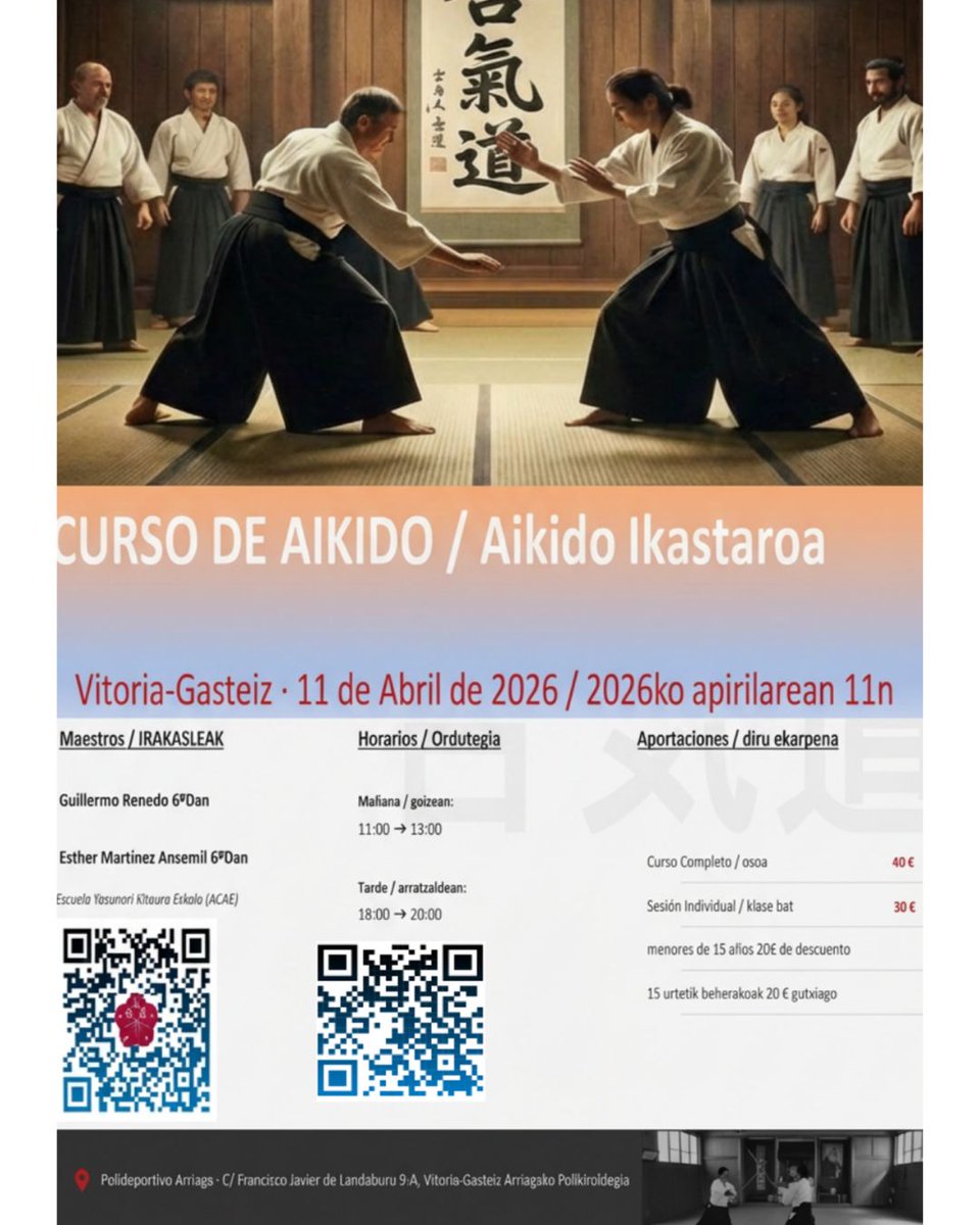 AmetsuchiD's tweet photo. Este sábado curso de Aikido con Guillermo Renedo y Esther Martínez en Vitoria. 11 de abril de 2026.
#aikido #合氣道 #curso #aikikai #ACAE #aikidoaikikai #seminar #tatami #spainaikikaisince1967 #スペイン合気会 #合気会 https://t.co/klQw9MARj2