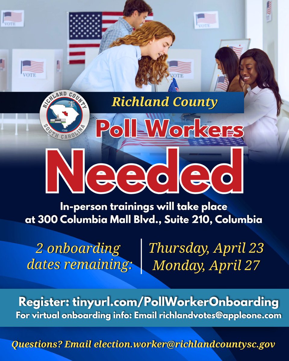 Help ensure residents' voices are heard in local elections! #RichlandCountySC is looking for individuals to serve as poll workers on Election Day in November.
 
Register for in-person onboarding: tinyurl.com/PollWorkerOnbo….
 
Questions? Email election.worker@richlandcountysc.gov.