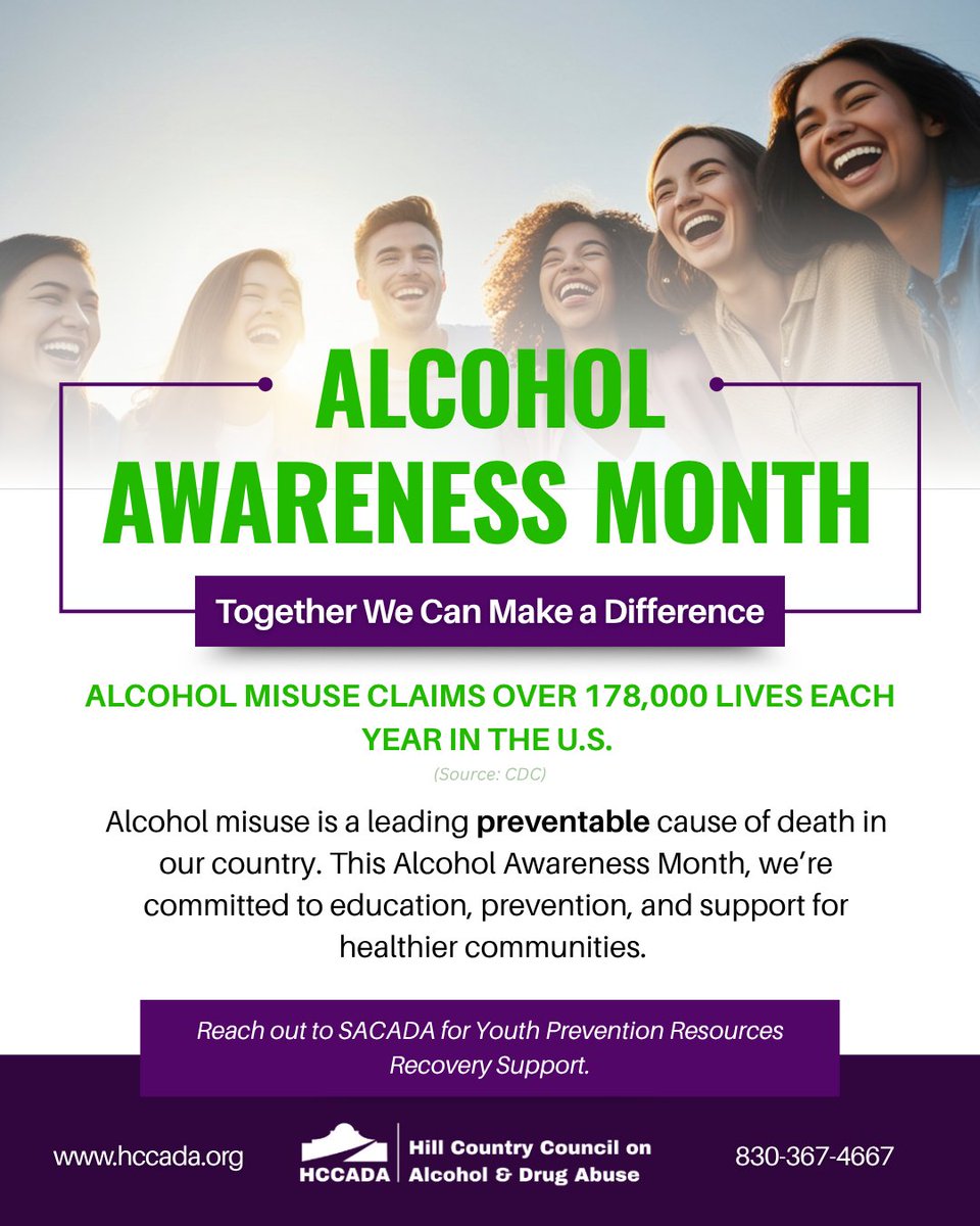 HCCADATexas's tweet photo. Alcohol misuse affects individuals, families, and entire communities but prevention works. Awareness is the first step toward change.
Help spread awareness by sharing this message! 
#AlcoholAwarenessMonth https://t.co/K9PtGf1wJd