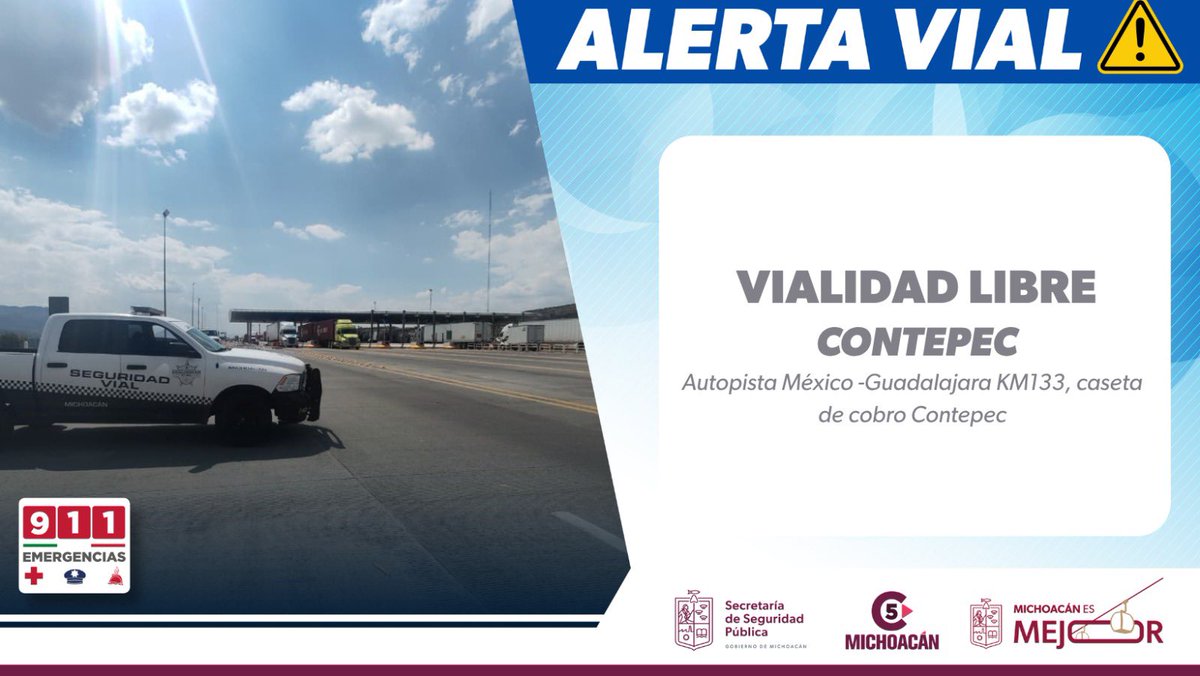 #AlertaVial Al momento se libera la circulación después de bloqueo en la Autopista México - Guadalajara KM133, a la altura de la caseta de Contepec.

¡Circule con precaución! 

#MichoacánEsMejor
#C5LosOjosDeMichoacán