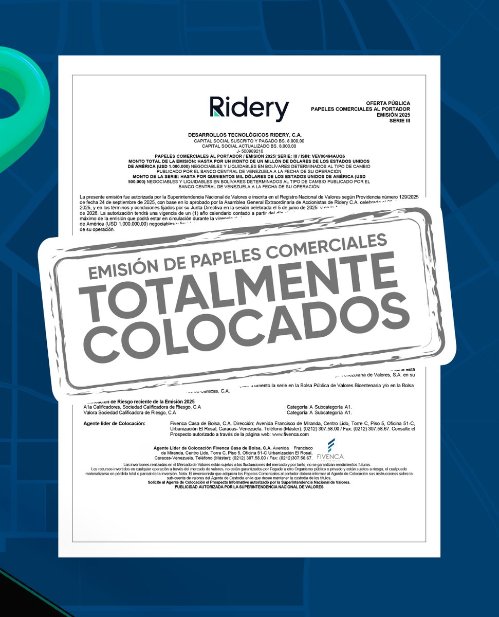 grupofivenca's tweet photo. Como agentes estructuradores y colocadores, anunciamos el éxito la Emisión 2025 de Desarrollos Tecnológicos Ridery C.A. por un monto total de USD 1.000.000.

La Serie III, por un monto de USD 500.000 (negociables y liquidables en bolívares), ¡ha sido totalmente colocada! ✅ https://t.co/ulcdtFPiSu