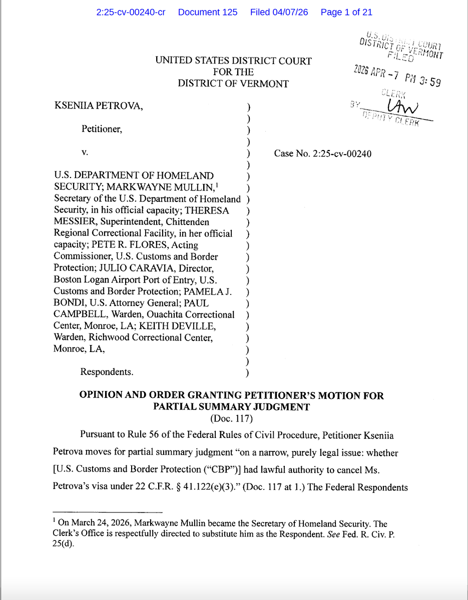 johnhawkinson's tweet photo. KSENIIA PETROVA (Harvard clawed frog embryo computational biologist) wins her Vermont habeas case on partial summary judgment: the Court  finds the cancellation of her visa was arbitrary and capricious and must  be set aside, &amp; therefore the revocation of her visa is set aside. https://t.co/bXKShffzRh