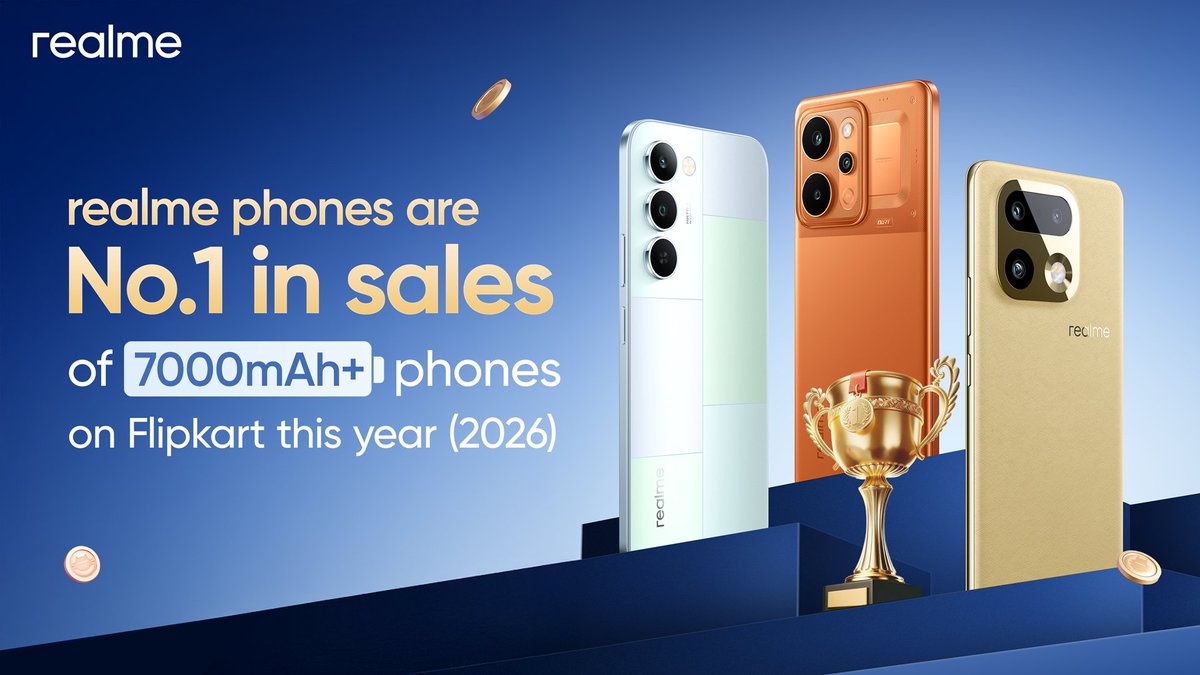 realmeIndia's tweet image. #realme takes the lead. 
No.1 in sales of 7000mAh+ smartphones on Flipkart in 2026.

Trusted by India. Built to lead.