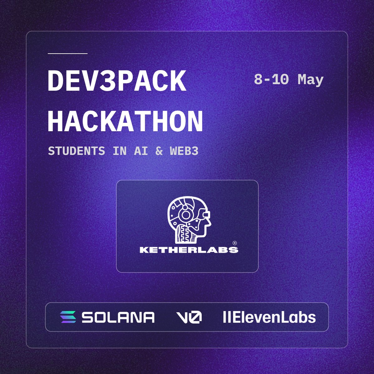 karenkether's tweet image. Nos emociona compartir que somos community partner del Hackaton AI mas grande - @dev3pack  GLOBAL HACKATHON 2026 🌍👩‍💻🚀 Sponsors : @v0 by Vercel, @solana , @ElevenLabs 

En @ketherlabs , nos enorgullece anunciar que nos unimos a gigantes tecnológicos como Solana, Vercel y
