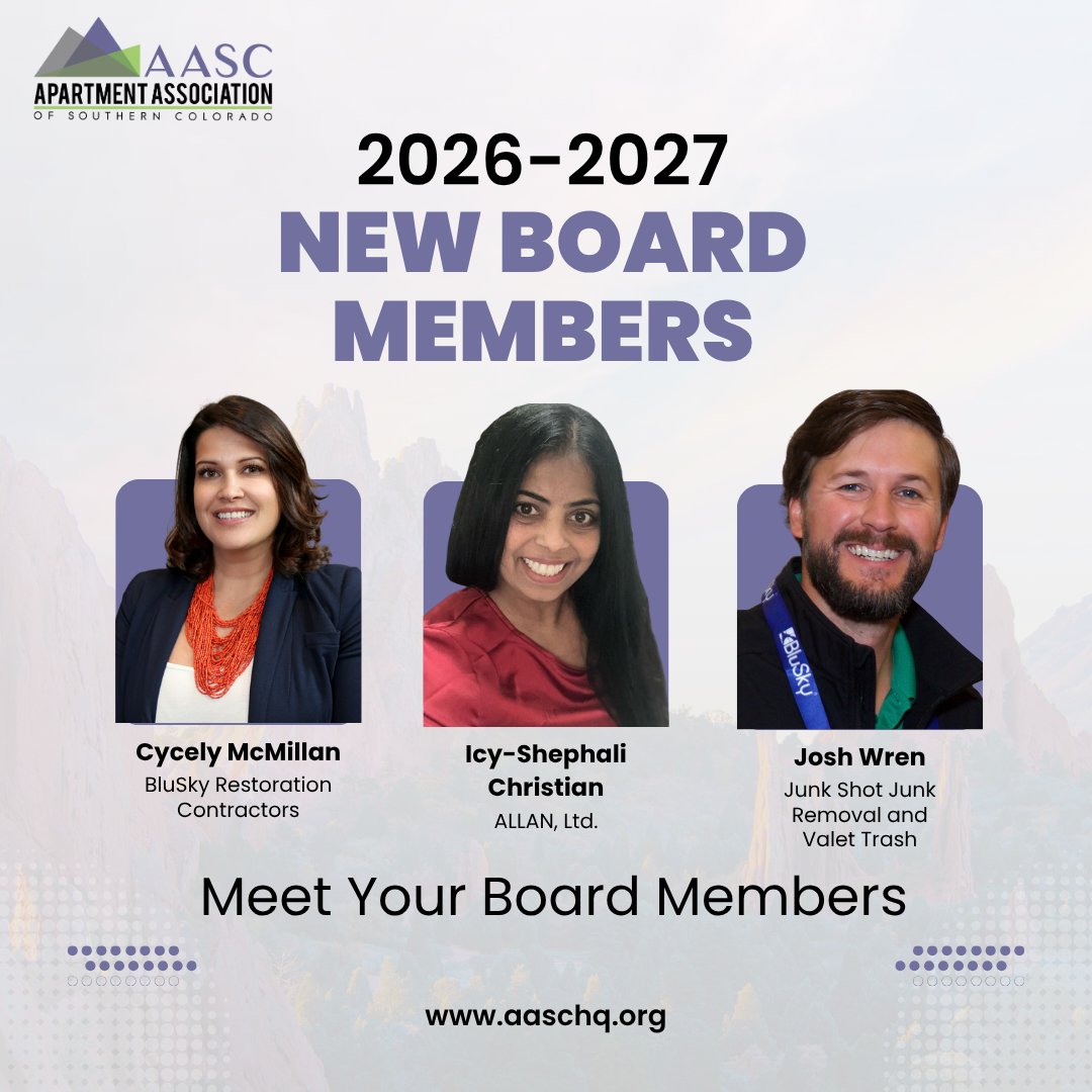 AASChq's tweet photo. The results are in. Meet your 2026–2027 AASC Board of Directors.

Welcoming Cycely McMillan with BluSky Restoration, Icy-Shephali Christian with ALLAN, Ltd., and Josh Wren with Junk Shot.

#AASCLife https://t.co/b6sPLxpBJ4