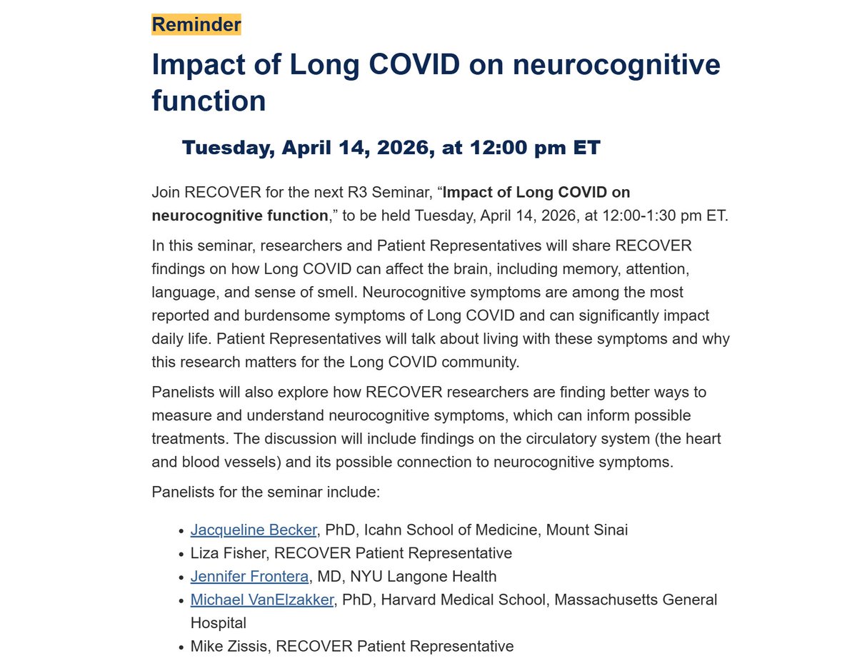 NIH Recover is hosting a seminar on neurocognitive changes in #LongCOVID. 

🕛April 4 @ Noon Eastern 

Dr. Becker is the lead speaker and senior author on the recent magnet study pre-print. Perhaps pwLC will have the opportunity to ask questions?

(Registration link in next)