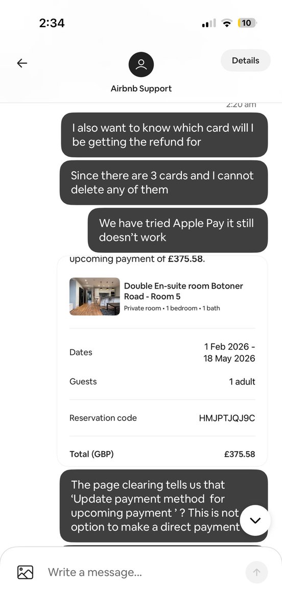vickymnayak's tweet photo. @Airbnb_uk  I have been trying to get the issue resolved , but the representative only took out more money from my account &amp; is asking me to make more payment to resolve the issue, however the app only lets me setup a payment and not allowing me to make a payment!????No response https://t.co/gYk4Cqe8Ep