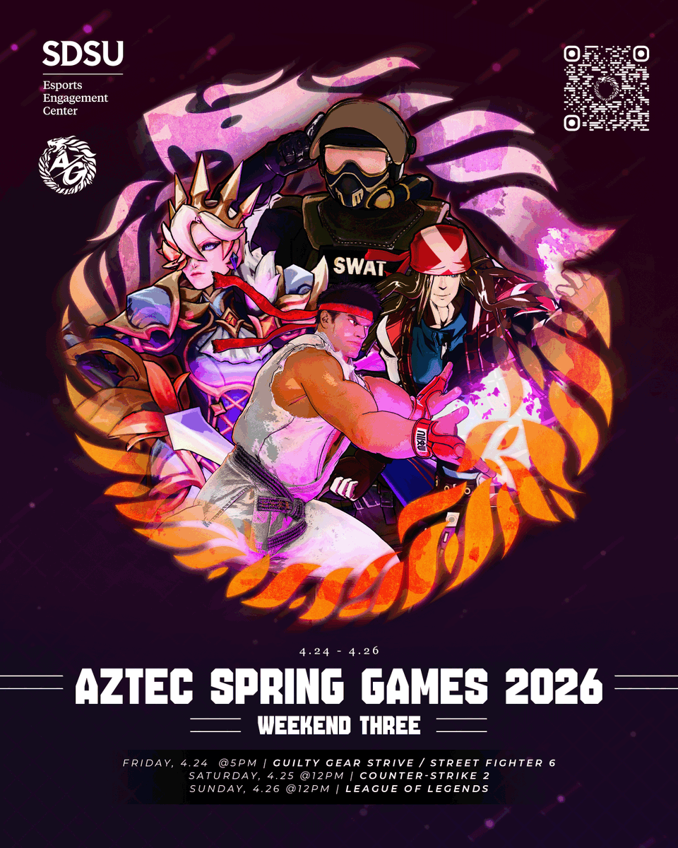 aztecgamingsdsu's tweet photo. ♻️ AZTEC SPRING GAMES 2026 - WEEKEND THREE ♻️

– Open Registration
🥊 FRIDAY (4/24 @ 5PM) - GG: Strive / SF6

– Invitational Only
💣 SATURDAY (4/25 @ 12PM) - CS2
💫 SUNDAY (4/26 @ 12PM) - LEAGUE OF LEGENDS

📝 Register to play / attend:
https://t.co/pcquN2Eikx

#SDSU #Esports https://t.co/bFv3wwhhbt