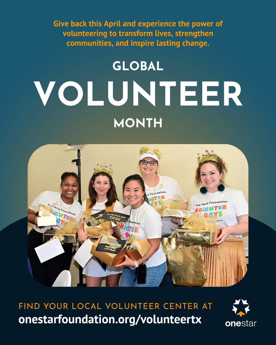 onestarfdn's tweet image. April is #GlobalVolunteerMonth! Giving your time &amp;amp; talents strengthens Texas communities, builds connections, and creates lasting impact. Find opportunities near you at onestarfoundation.org/volunteertx
#VolunteerTexas #GiveBack #ServeTexas