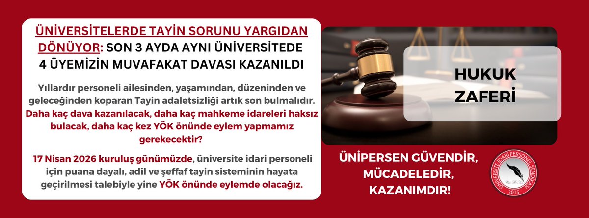 ÜNİVERSİTELERDE TAYİN SORUNU YARGIDAN DÖNÜYOR: SON 3 AYDA AYNI ÜNİVERSİTEDE 4 ÜYEMİZİN MUVAFAT DAVASI KAZANILDI. 
Üniversitelerde kanayan yara tayin konusunda çalışan ile üniversite yönetimlerini sık sık karşı karşıya getiren tayin konularında mahkemelerden gelen olumlu kararlar