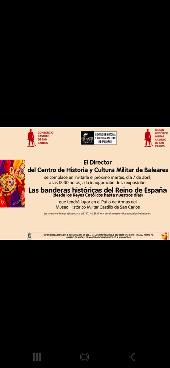 COMGEBAL_ET's tweet image. El general jefe de #COMGEBAL ha inaugurado la exposición 'Las Banderas Históricas del Reino de España' ubicada en el Castillo de San Carlos de #Palma, organizada por el #CHCMBAL @IHyCM_ET.
Se podrá visitar en los horarios de apertura del Castillo hasta el 25 de abril.
@MCANA_ET