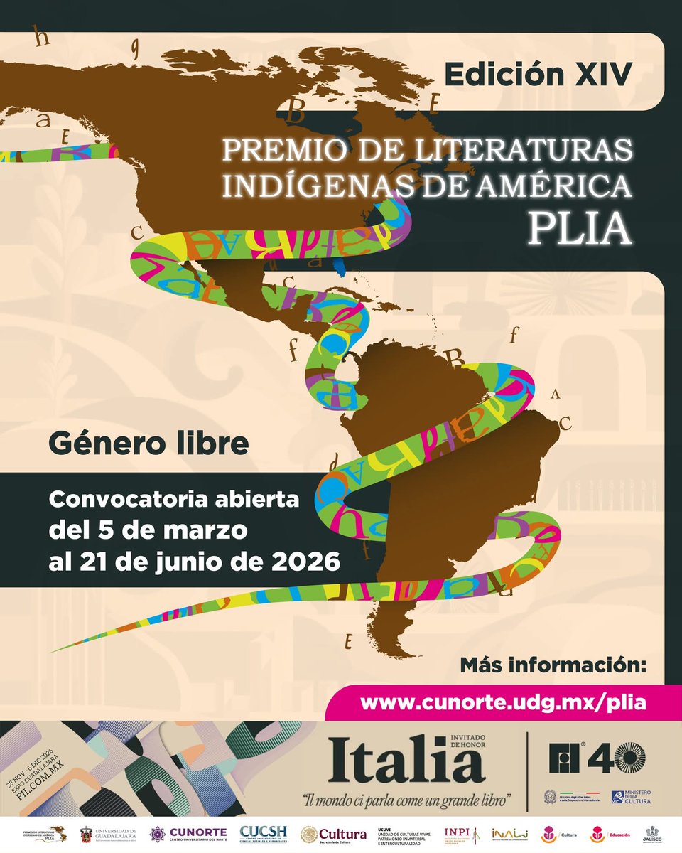 EmbaMexBol's tweet photo. CONVOCATORIA.

Con el objetivo de reconocer y estimular la creación literaria de escritoras y escritores en lenguas indígenas la @EmbaMexBol te invita a participar del Premio de Literaturas Indígenas de América (PLIA) 2026.

➡️Más información:  https://t.co/4zOf59WP1I https://t.co/lXB2UWdSA9
