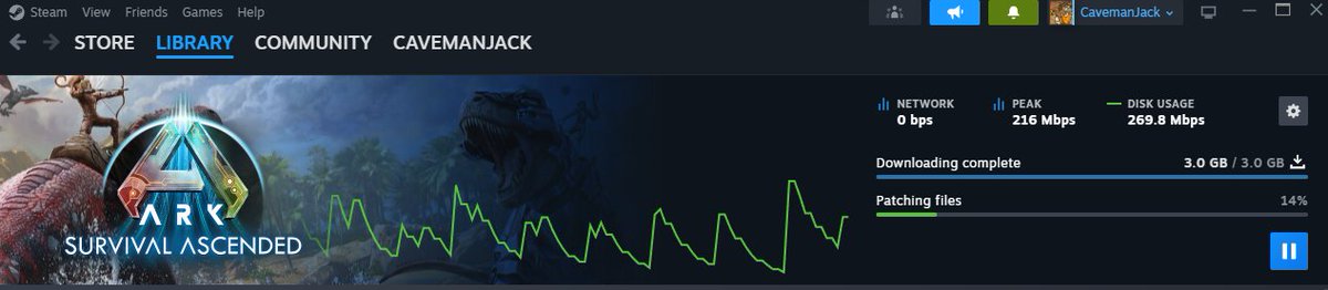 TheCavemanJack's tweet photo. @survivetheark Why do y'all patch so often?  Even this 3gb patch is going to take hours to install.  Some reason it often installs faster if I delete the entire 250+gb and start fresh.  Could y'all please figure out how to run patches on Steam? https://t.co/8vDUwRG3Kv
