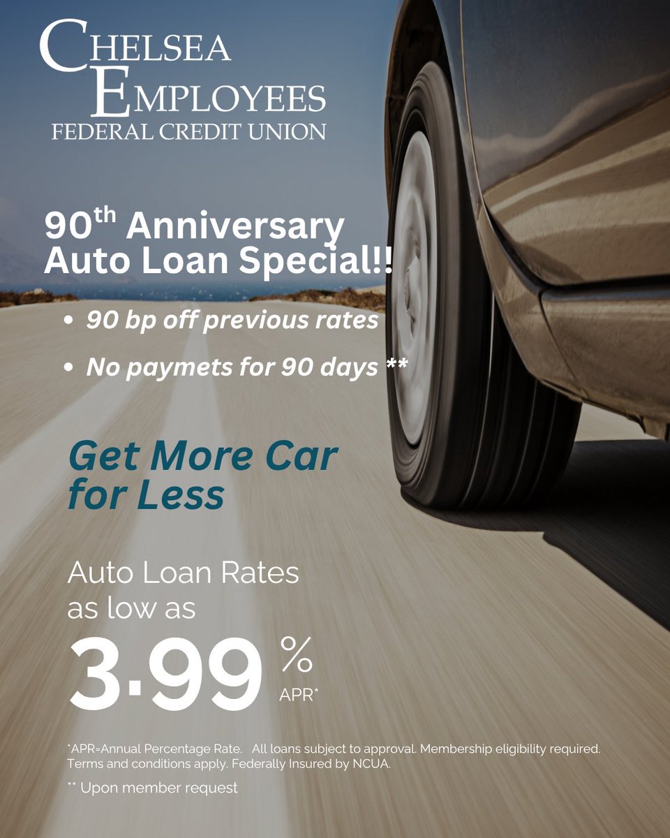 ChelseaEFCU's tweet photo. 90th Anniversary Car Loan Special! https://t.co/9oHMmLiwRP