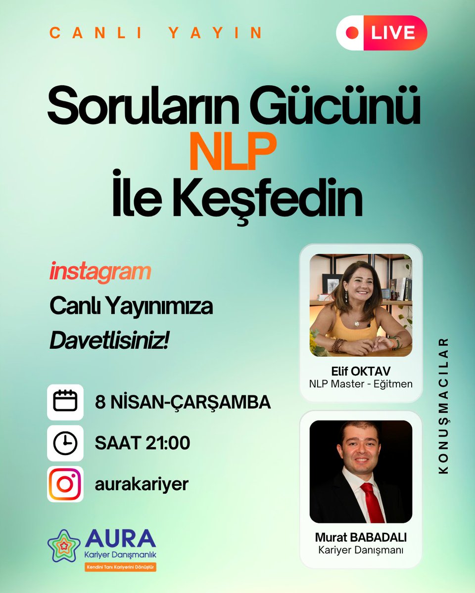 MuratBBDL's tweet photo. 📢Davetlisiniz-Bu akşam 21:00'de gerçekleştireceğimiz #instagram canlı yayınında NLP Master&amp;Eğitmen Elif Oktav ile NLP (Nöro Linguistik Programlama) hakkında sohbet edeceğiz.🎥

@aurakariyer'i instagram'da takip edin-https://t.co/VYqi8Ud4ms

🔔Bildirimlerinizi açık tutun🔔 #live https://t.co/fQ5xOTlQxz