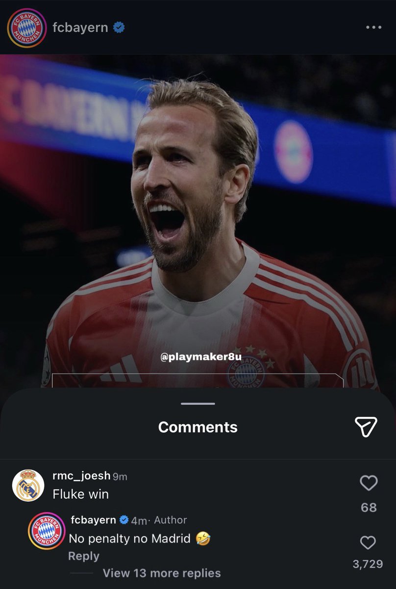 🚨| Bayern Munich replies a Real Madrid fan who said their win was fluke 

“No penalty no Madrid”😂