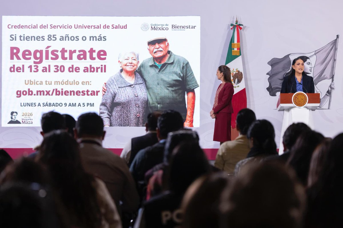A_MontielR's tweet photo. En la #MañaneraDelPueblo, junto a la presidenta @Claudiashein, informamos que en abril inicia el registro para la Credencial del Servicio Universal de Salud.

Del 13 al 30 de abril se registrará a las personas de 85 años o más, y se realizará conforme a la letra del primer apellido.

Se iniciará en las 23 capitales de las entidades y en las 16 alcaldías de la CDMX, que han federalizado los servicios de salud.

Ubica tu #MóduloBienestar en: https://t.co/qDcP7nqzUB

#HumanismoMexicano
#PrimeroLosPobres