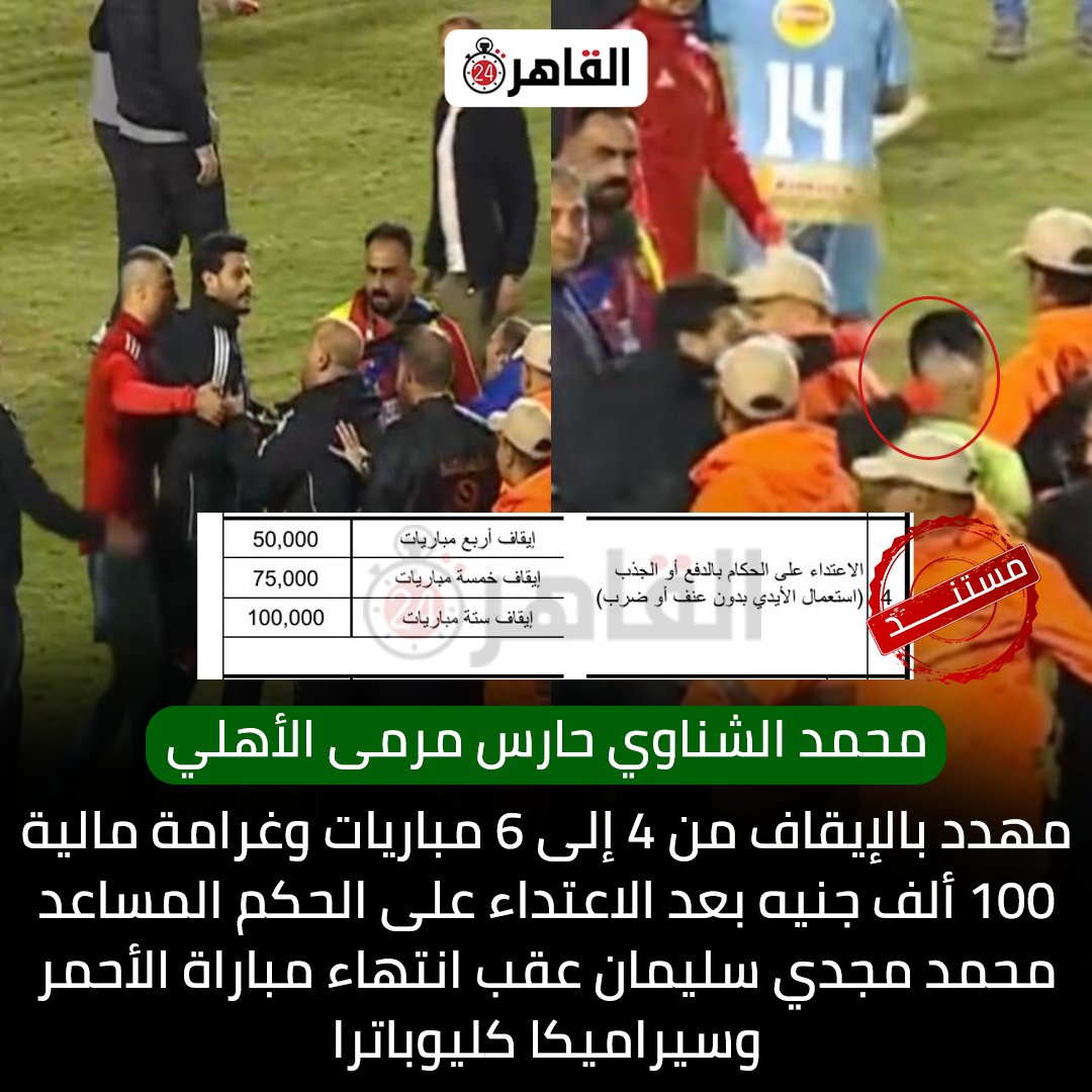 cairo24_'s tweet photo. محمد الشناوي حارس مرمى الأهلي مهدد بالإيقاف من 4 إلى 6 مباريات وغرامة مالية 100 ألف جنيه.. بعد الاعتداء على الحكم المساعد محمد مجدي سليمان عقب انتهاء مباراة الأحمر وسيراميكا كليوباترا https://t.co/YhE484NsPa