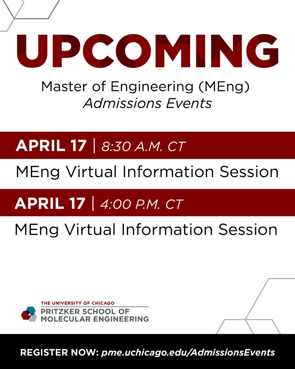 UChicagoPME's tweet image. Happy April! 🌧️🌷 Thinking about a Master of Engineering degree? Join one of our upcoming admissions events to get your questions answered, explore career opportunities, and see how UChicago PME can help you shape the future of engineering. 

🔗 Register now: