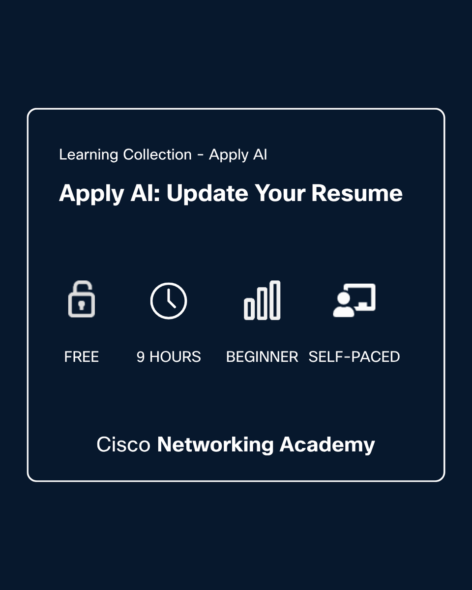 CiscoNetAcad's tweet image. Our Apply AI learning collection is free, beginner-friendly, and focused on tasks you actually do at work — updating your resume, analyzing customer feedback, understanding how AI works. 

No coding or prerequisites. 

Start at your own pace 👉 cs.co/6013B6aKhZ