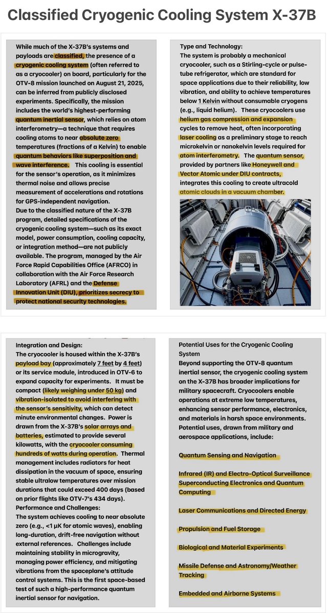 MagnetReconnect's tweet image. The X-37B is essentially a flying testbed for the exact cooling and atomic-cloud infrastructure that powers next-generation #quantum #magnetometers like the one the #CIA just used. This kind of overlap is classic for black-budget programs.

grok.com/share/c2hhcmQt…
