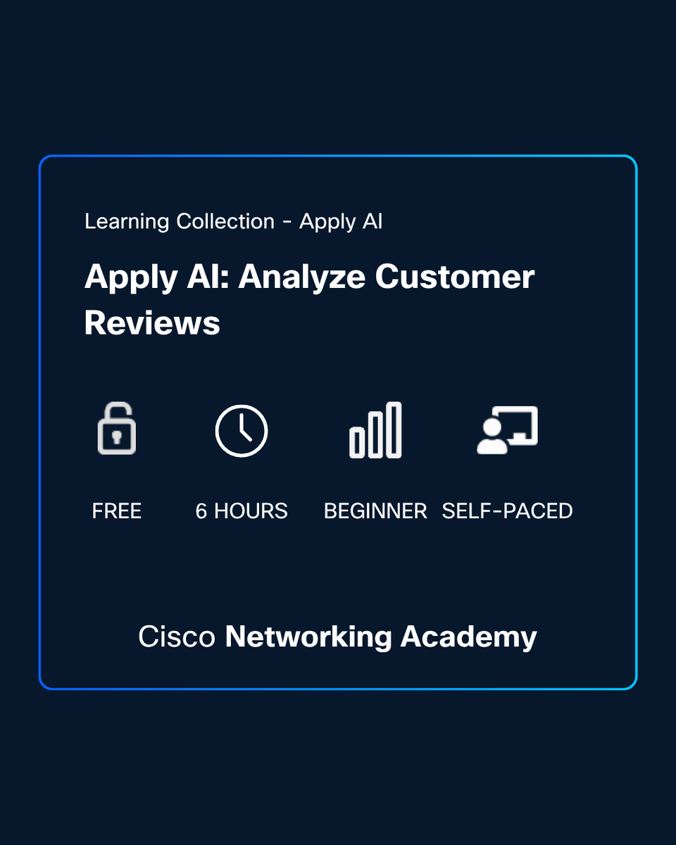 CiscoNetAcad's tweet image. Our Apply AI learning collection is free, beginner-friendly, and focused on tasks you actually do at work — updating your resume, analyzing customer feedback, understanding how AI works. 

No coding or prerequisites. 

Start at your own pace 👉 cs.co/6013B6aKhZ