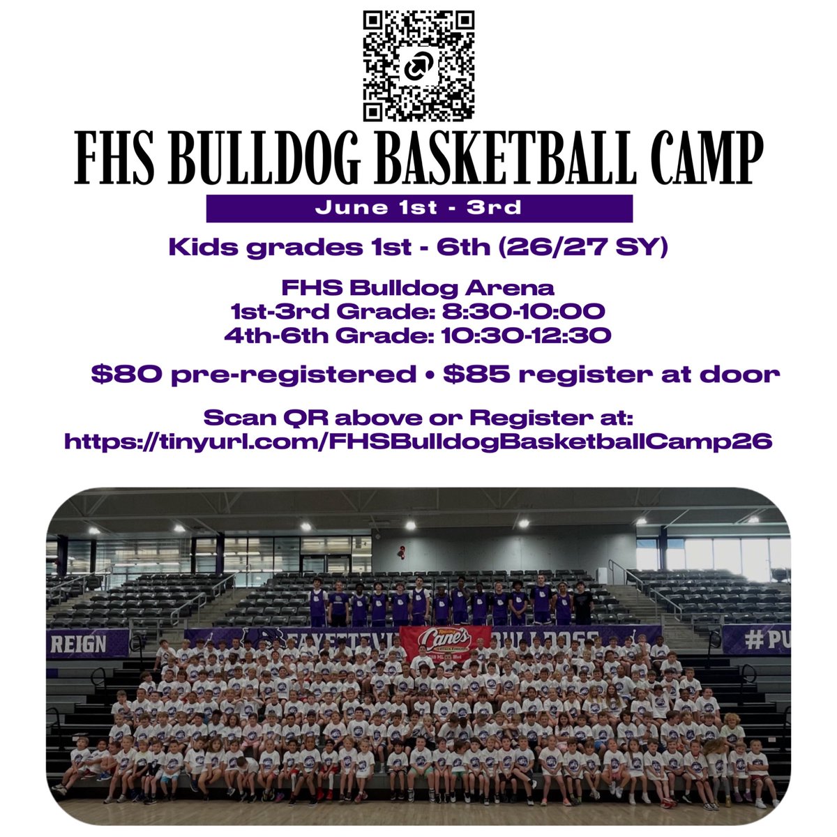 FayBulldogsBB's tweet photo. It’s time once again to get those #FutureDogs registered for FHS Bulldog Basketball Camp!! 🏀🐶

📅: June 1st-3rd
📍: @FayettevilleHS 
⛹️⛹️‍♀️: 1st-6th grade (26/27 SY)
⏰: 1-3 Grade: 8:30-10:00; 4-6 Grade: 10:30-12:30
✍️: https://t.co/90qRjSwxRT

#PurpleDNA 🐶💜 https://t.co/ibwbOtUATF