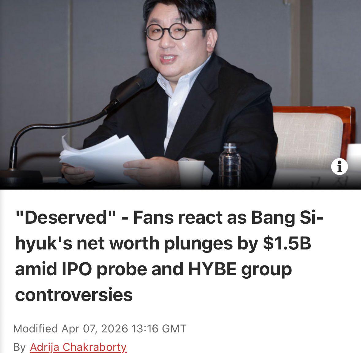 "Bang Si-hyuk perdió cerca de 1.500 millones de dólares (57%) desde el 10 de marzo, enfrenta problemas legales por enriquecimiento ilícito y manipulación, y sus acciones están en su nivel más bajo histórico (256.000 KRW)" 

¿what is this? EN-KARMA IS COMING