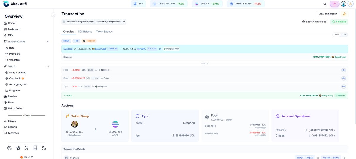 bencirc's tweet photo. I’ll stop using solscan soon.

The @solana transaction explorer from @Circular_fi was recently updated and makes it easier to clearly see DeFi interactions and fees.

Understanding a transaction should be accessible to everyone.

Transaction of trade, arbitrage, wash trading, scan, tips... all you need is one thing: a signature.