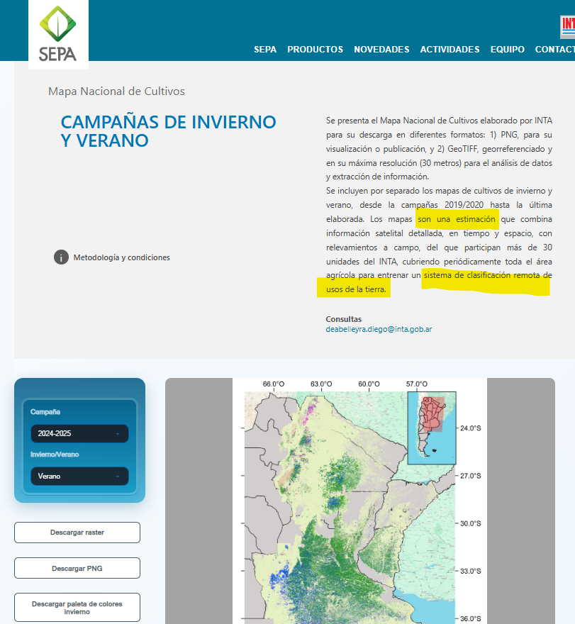 JorgeLMercau's tweet photo. 🚨#SEPA @intaargentina 
#MapaNacionaldeCultivos🇦🇷
Campañas 2019/20 a 2024/25
Invierno y Verano
Son estimaciones!! q combinan🛰️con recorridas, bajo una metodología d clasificación similar a la q incorporó SAGPYA (q usa segmentos fijos como base empírica)

¡Podes bajar los raster! https://t.co/DLO4oVUuO5