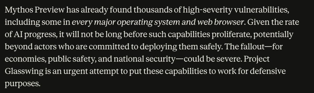 This is INSANE.

Anthropic's new Mythos model is real and too powerful to release for the public.

AGI is here.