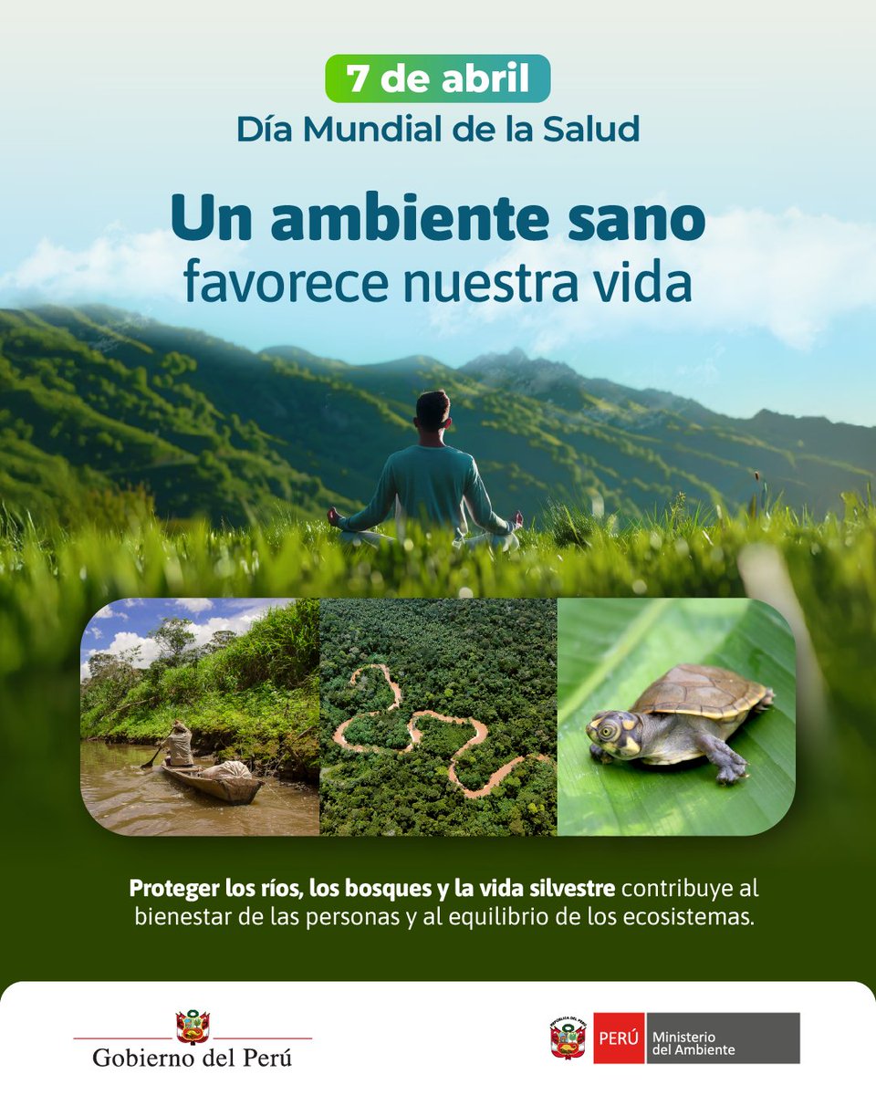 MinamPeru's tweet image. 📢 Hoy, 7 de abril, en el Día Mundial de la Salud, recordamos que un #ambiente sano es clave para el bienestar de las personas.
Proteger nuestros ríos, bosques 🌳 y la vida silvestre 🐢 contribuye a una mejor calidad de vida para todos.

Cuidar el planeta también es cuidar