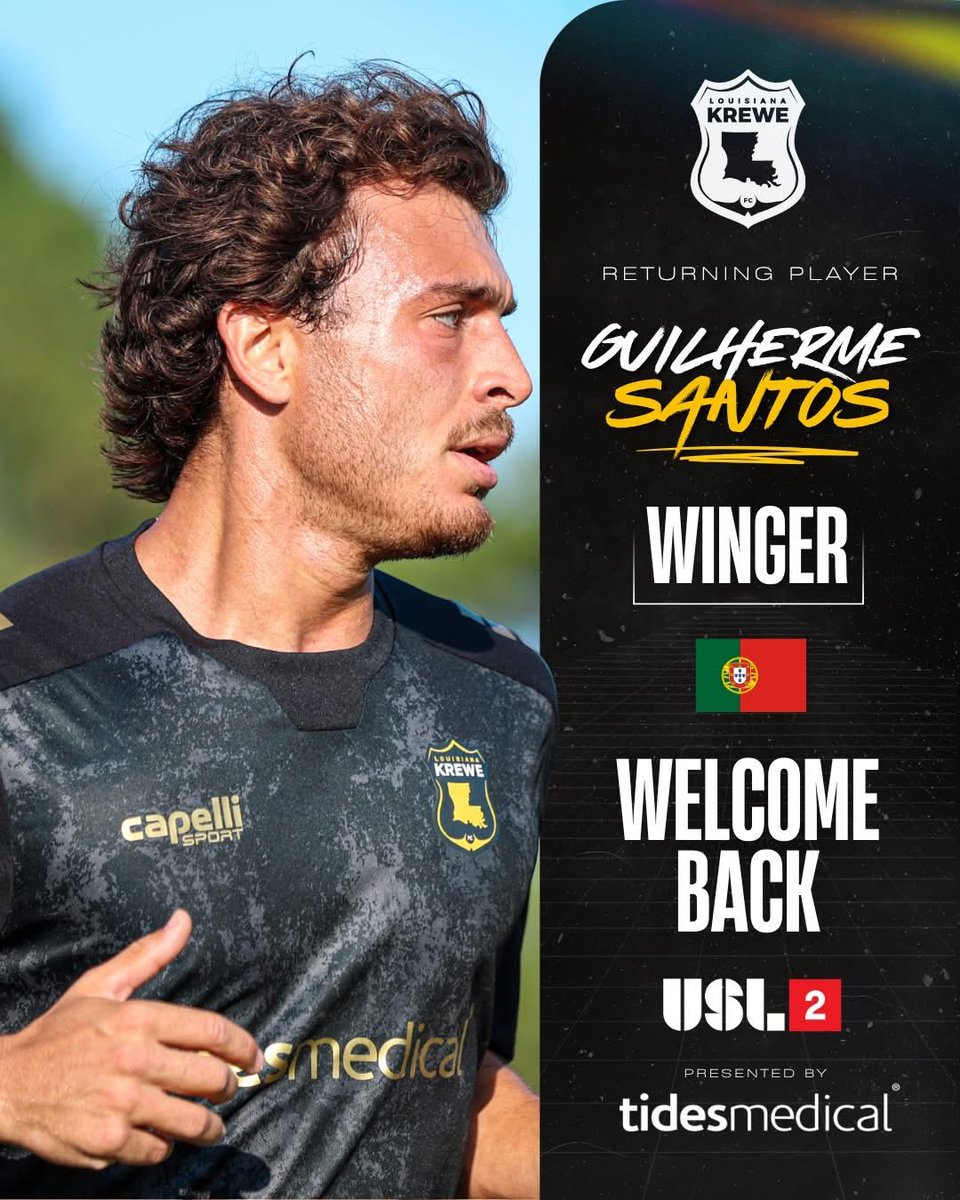 lakrewefc's tweet image. 🇵🇹 Guilherme Santos returns for his 4th season with the Krewe.

The Portuguese winger brings pace, creativity, and a constant threat in 1v1 situations. Relentless on the wing, Guilherme continues to be one of the most dynamic players in the squad.

#UptheKrewe  #USLLeagueTwo