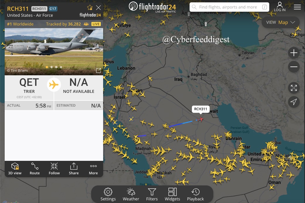 cyberfeeddigest's tweet image. #USAIRFORCE flight in the Middle east region:  
1."RCH311":temporary military callsign used by the U.S. Air Force Air Mobility Command.
Missions:
cargo missions
troop transport
logistics flights 

 2.Aircraft IATA/ICAO type code  "B762"
 3.Aircraft IATA/ICAO type code "K35R"
