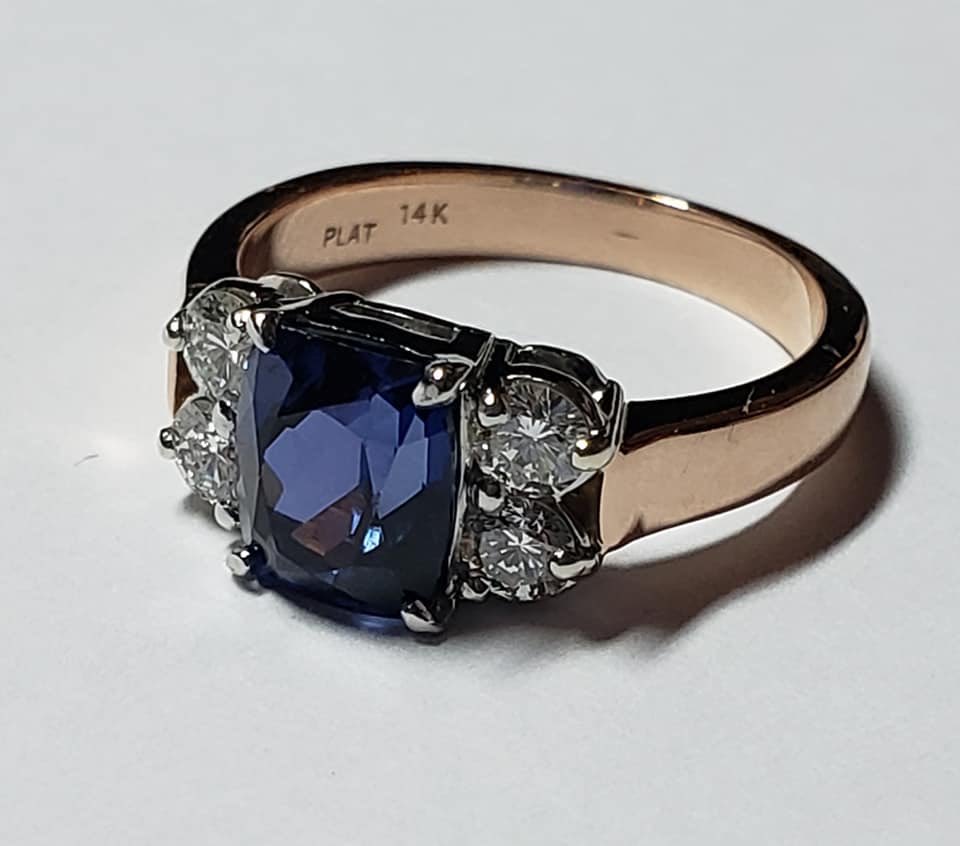 BruceJSnider's tweet photo. Custom designed platinum and rose gold engagement ring containing a cushion cut “fancy“ colored Ceylon sapphire and diamonds by Bruce J Snider https://t.co/iPSfnHrpHb