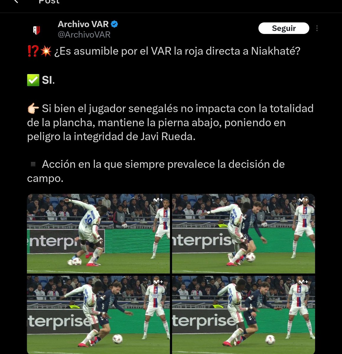 <a href="/ArchivoVAR/">Archivo VAR</a> No hace ni un mes.

"Roja"

"Si bien el jugador senegales no impacta con la totalidad de la plancha, mantiene la pierna abajo, poniendo en peligro la integridad de Javi Rueda"
