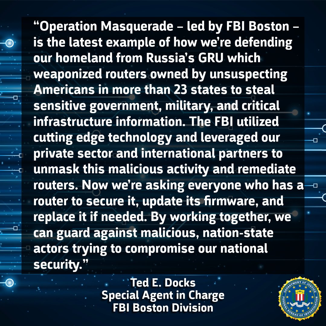 FBIBoston's tweet image. 🚨#BREAKING: #FBI Boston, @USAO_EDPA, &amp;amp; @TheJusticeDept are announcing a court-authorized disruption of a DNS hijacking network controlled by a Russian Military Intelligence Unit that impacted thousands of TP-Link routers worldwide, including home and small business routers in at