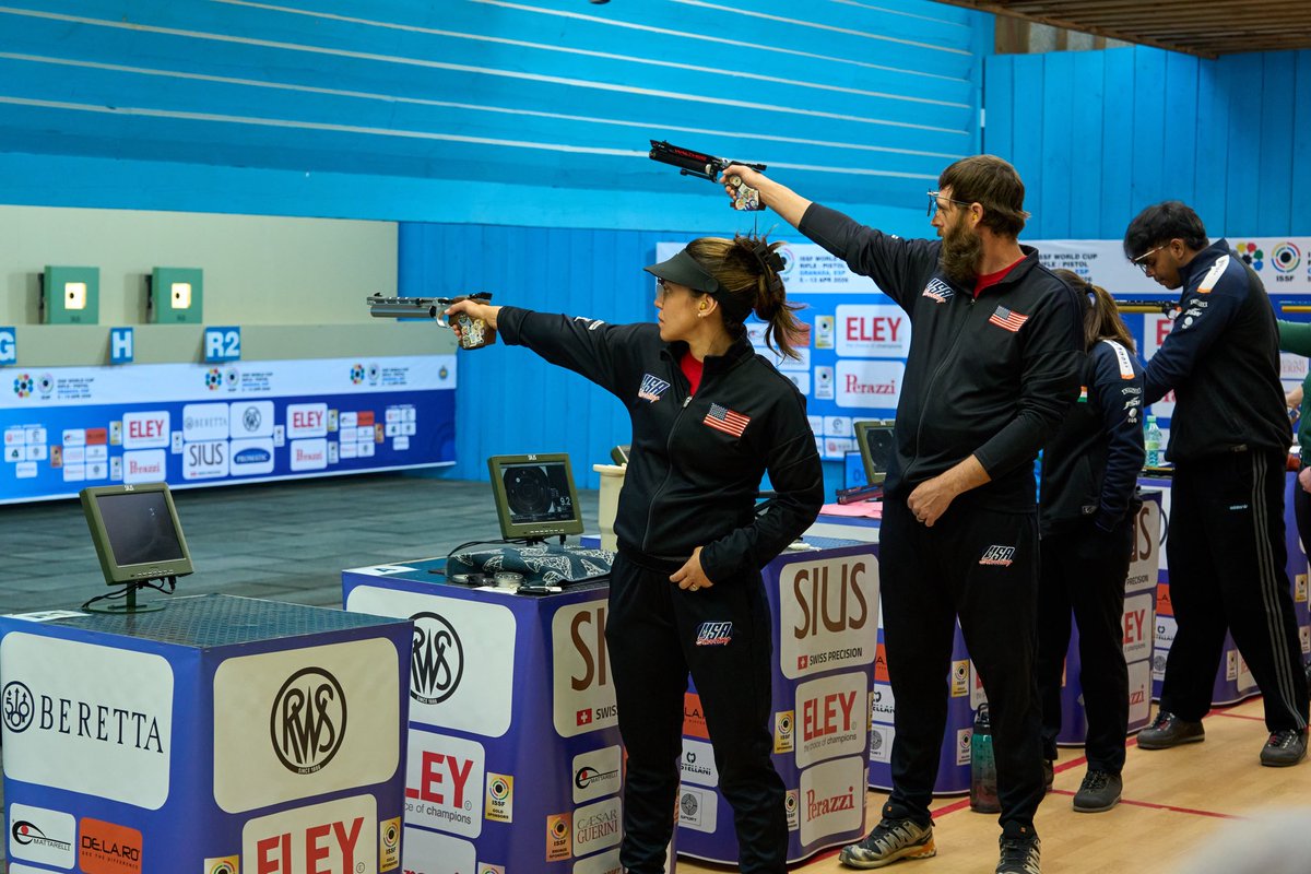 USAShooting's tweet image. Strong start in Granada 🇪🇸

Nick Mowrer and Nathalia Tobar finish 4th in the final on day one of ISSF World Cup Rifle/Pistol competition.

📷 by @issf_official 

#ISSFWorldCup #pistol #Spain