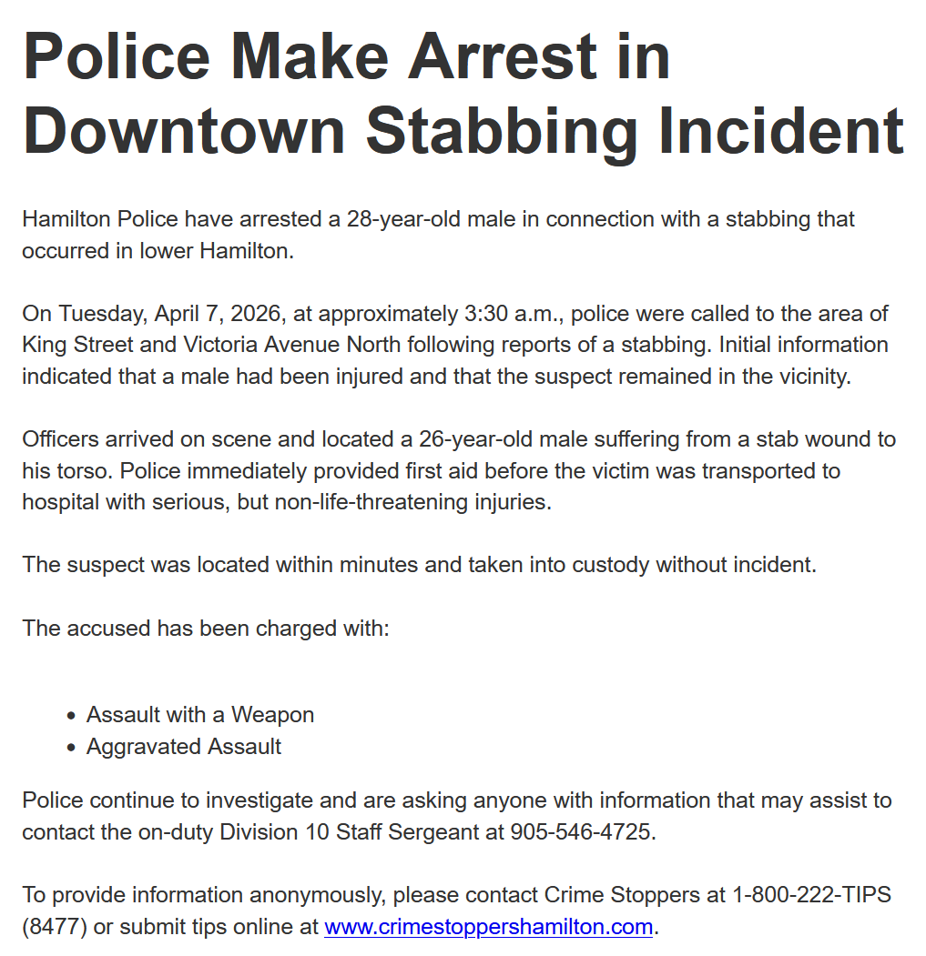 Media371's tweet image. .@HamiltonPolice investigating a stabbing at the Big Bee Convenience and Food Mart on King Street East overnight.  #HamOnt 

Media Release ---&amp;gt;