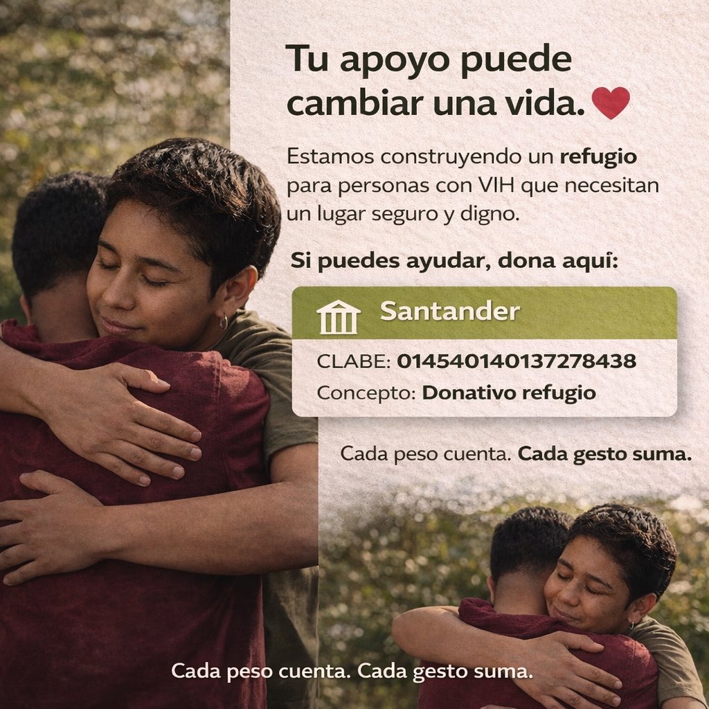 CarlosBatallaMX's tweet photo. Tu apoyo puede cambiar una vida. ❤️
Estamos construyendo un refugio para personas con VIH que necesitan un lugar seguro y digno en Morelos.

Dona aquí:
🏦 Santander
CLABE: 014540140137278438
Concepto: Donativo refugio

Cada peso cuenta. Cada gesto suma. https://t.co/cUs7Vxz4Sl