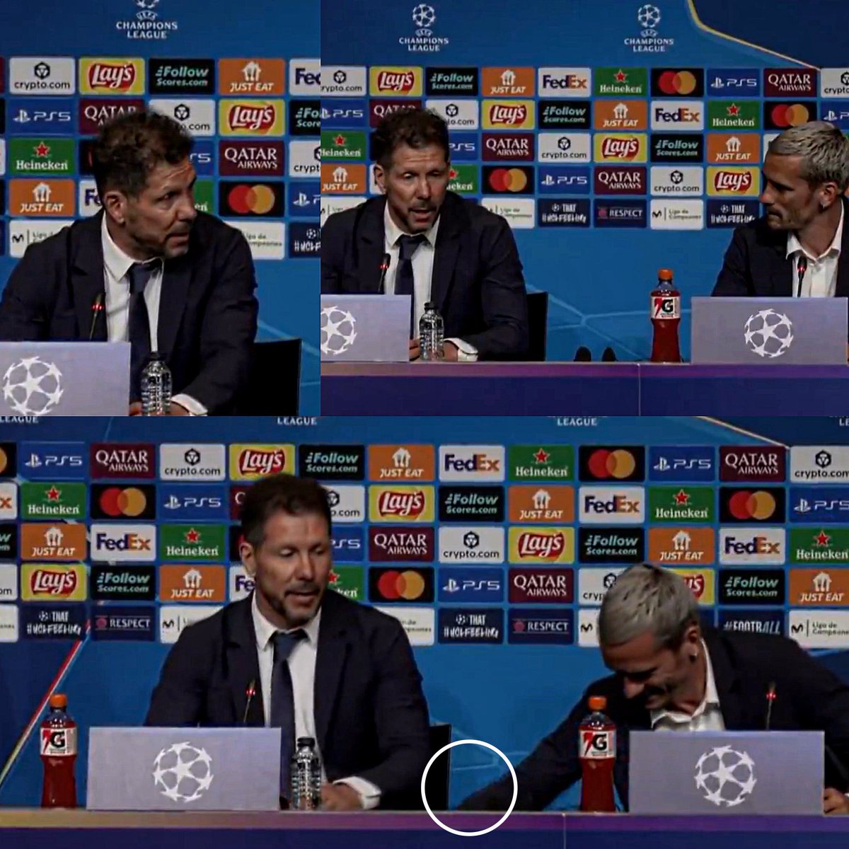 Qué momento espectacular en la rueda de prensa de hoy del Atleti. 

Simeone toma la palabra ante Antoine Griezmann, que lo acompaña, y dice lo siguiente, para homenajearlo y preparar su despedida: 

"Perdón, quería, desde el lado del entrenador y del hincha del Atlético que que