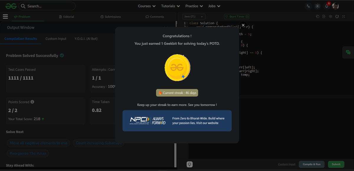 krishgtr214's tweet photo. Day46/60                                 
Solved today’s #ProblemOfTheDay –  Segregate 0s and 1s
@geeksforgeeks
and earned my 86th  Geekbit!                              
ID - krishgzzfn

@NPCI_NPCI
One more POTD solved...     
#geekstreak60 #npci https://t.co/M0X9cYbluu