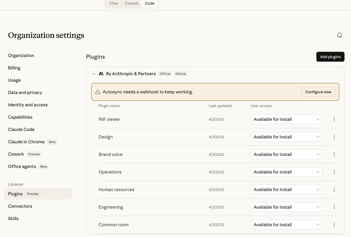 joanAlPi's tweet photo. hey @bcherny  and @claudeai, really annoying bug on team plans with marketplace plugins... nothing syncs now. been like that for 2-3 days any fix coming soon? we just migrated the full company and this is very painful https://t.co/LUR7h9fsGF https://t.co/6qrxyq6kCg