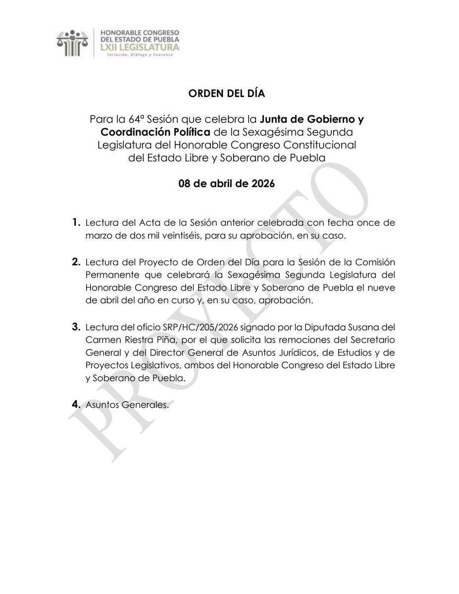 Mañana la Jugocopo del @CongrPue se pondrá sabrosa. 

<a href="/susanariestra/">Susana Riestra</a> busca la cabeza del Secretario General, Leopoldo de Lara y del Jurídico, Jesús Juárez.

Los seguirán protegiendo los diputados de mayoría. 

Dicen que esos dos son los “diputados 42 y 43” de esta legislatura.